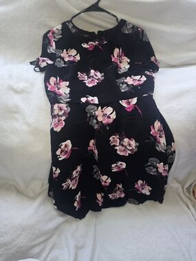 Talbots Black Floral Short Sleeve Dress with Pink & Gray Blooms